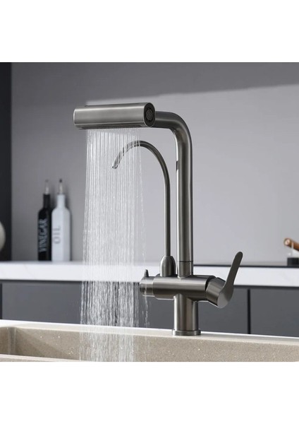 Mutfak Eviye Bataryası Dual Flow Arıtma Çıkışlı Duş Şelale 4 Fonksiyon Antrasit Ithal 7 Yıl Garanti fiyatları