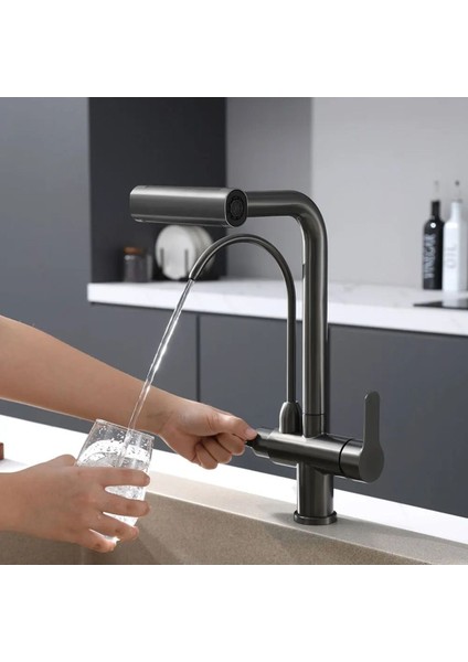 Mutfak Eviye Bataryası Dual Flow Arıtma Çıkışlı Duş Şelale 4 Fonksiyon Antrasit Ithal 7 Yıl Garanti modelleri
