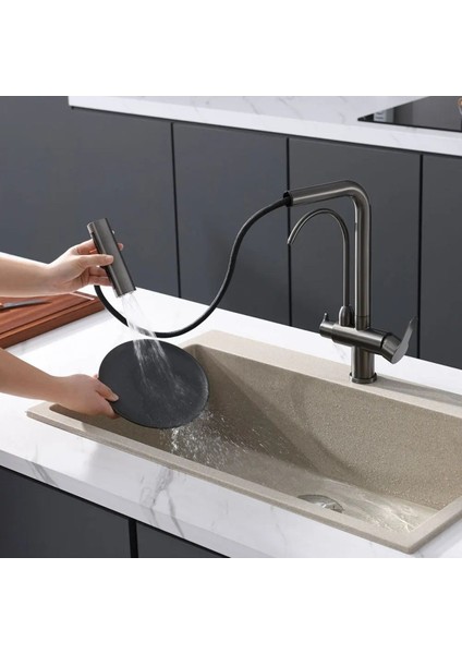 Mutfak Eviye Bataryası Dual Flow Arıtma Çıkışlı Duş Şelale 4 Fonksiyon Antrasit Ithal 7 Yıl Garanti fırsatları