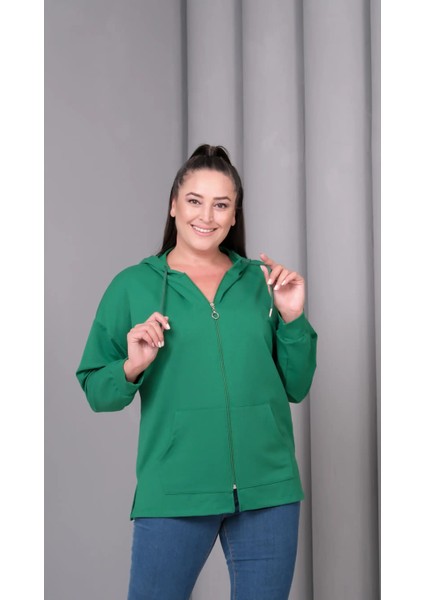 Kadın Büyük Beden Kapüşonlu Kanguru Cepli Fermuarlı Yırtmaç Detaylı %100 Pamuk Sweatshirt fiyatları