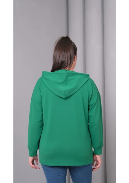 Kadın Büyük Beden Kapüşonlu Kanguru Cepli Fermuarlı Yırtmaç Detaylı %100 Pamuk Sweatshirt
