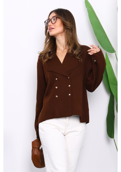 Kahverengi Kruvaze Yaka Düğmeli Triko Hırka modelleri