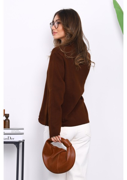 Kahverengi Kruvaze Yaka Düğmeli Triko Hırka fırsatları