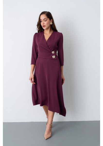 Kadın Mürdüm Kemer Detay Saten Davet Elbisesi