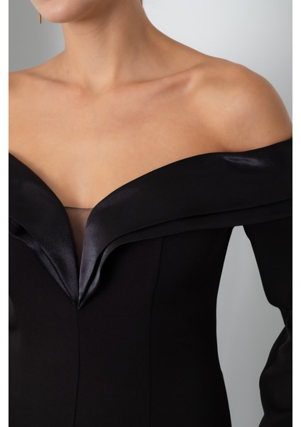 Kadın Siyah Kayık Yaka Uzun Balık Abiye Elbise fırsatları