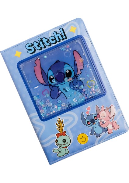 22X15 Stitch Temalı Deri Kapaklı Sulu ve Hareketli Simli Defter | 120 Yaprak M3 Mavi