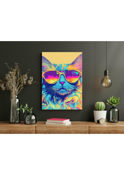 Gözlüklü Kedi Pop Art -Ahşap Mdf Tablo