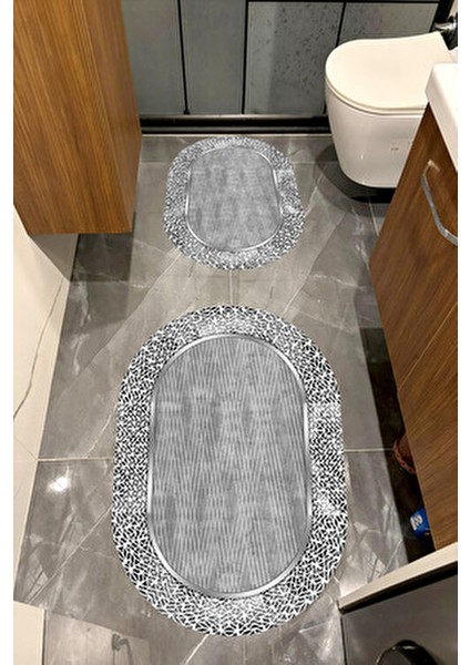 Su Emici Yumuşak Kaymaz Taban Sünger Dolgulu Yıkanabilir Dekoratif Banyo Paspası Takımı 1200GRİ Oval