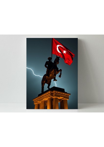 Atatürk Heykel Türk Bayrağı Şimşek Detayı - Ahşap Mdf Tablo