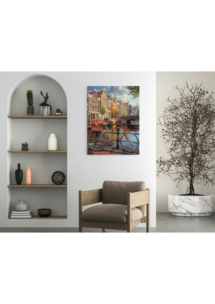 Amsterdam Çiçekli Bisiklet Kanal Manzarası - Ahşap Mdf Tablo modelleri