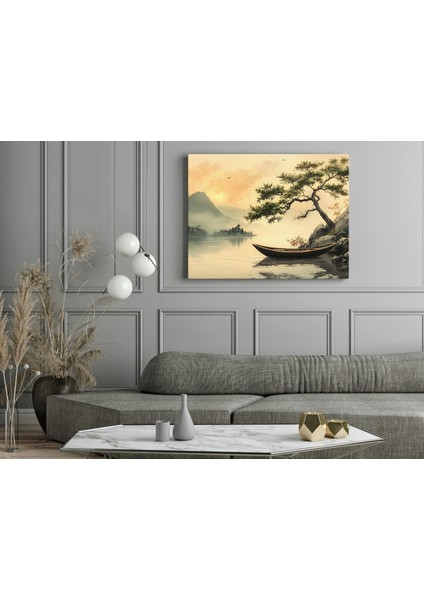 Vintage Japon Göl ve Kayık - Ahşap Mdf Tablo