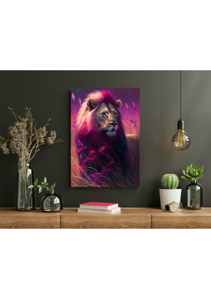 Pembe Neon Aslan -Ahşap Mdf Tablo