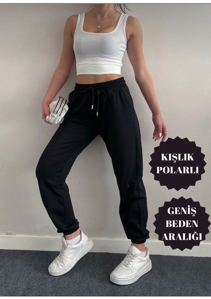 Kadın Dalgıç Kumaş Kışlık Polarlı Jogger Yüksek Bel Cepli Lacivert Eşofman Altı