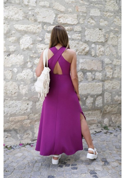 Yeşil Arkası Çapraz Yırtmaçlı Maxi Boy Elbise