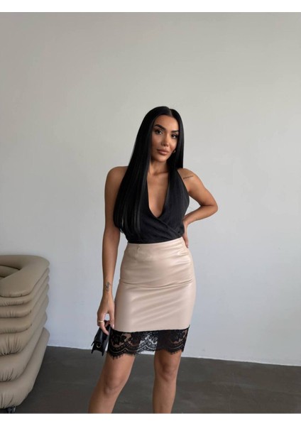 Tasarım Ithal Deri Etek Ucu Fransız Dantel Detay Etek Dantelli Deri Mini Etek