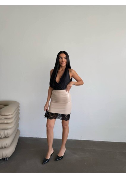 Tasarım Ithal Deri Etek Ucu Fransız Dantel Detay Etek Dantelli Deri Mini Etek modelleri