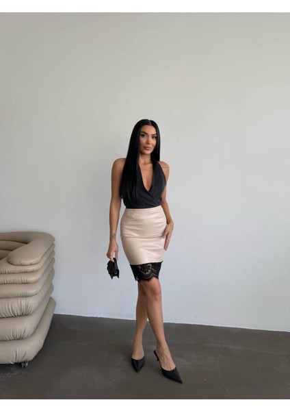 Tasarım Ithal Deri Etek Ucu Fransız Dantel Detay Etek Dantelli Deri Mini Etek indirimleri