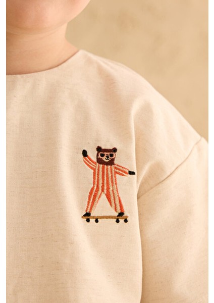 Nakışlı Oversize Keten Gömlek Naturel indirimleri