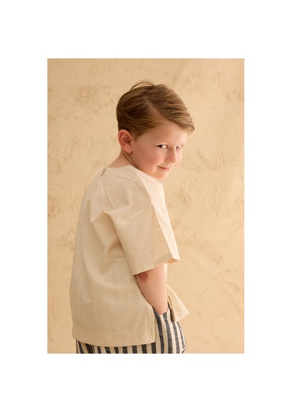 Nakışlı Oversize Keten Gömlek Naturel