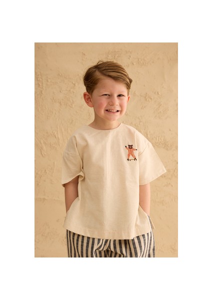 Nakışlı Oversize Keten Gömlek Naturel