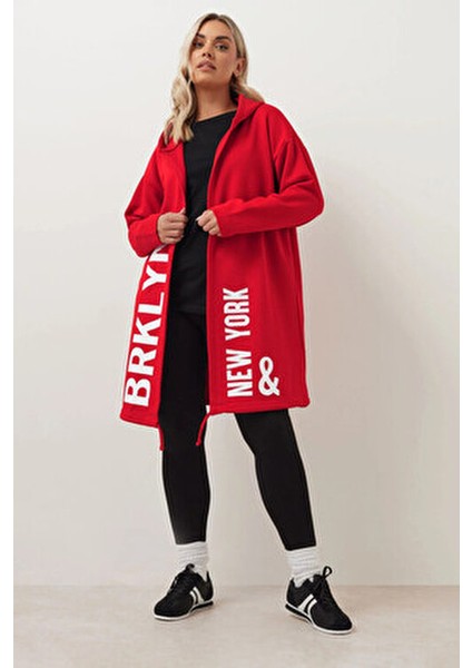 Büyük Beden Kapüşonlu Uzun Kollu Yazı Baskılı Cepsiz Hırka 303982