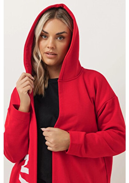 Büyük Beden Kapüşonlu Uzun Kollu Yazı Baskılı Cepsiz Hırka 303982 fırsatları