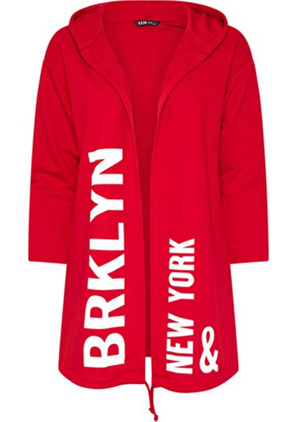 Büyük Beden Kapüşonlu Uzun Kollu Yazı Baskılı Cepsiz Hırka 303982