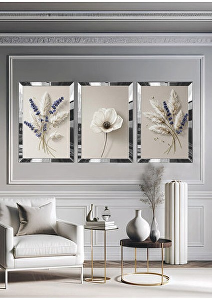 3lü Lavanta Pamuk MDF Tablo Gri Pleksi Çerçeveli Modern Tasarım Dekoratif