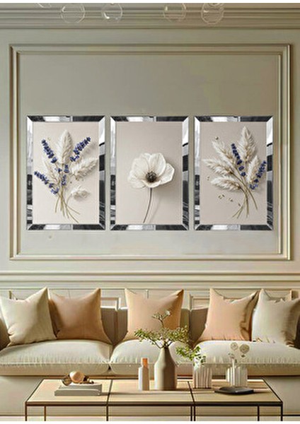 3lü Lavanta Pamuk MDF Tablo Gri Pleksi Çerçeveli Modern Tasarım Dekoratif fiyatları