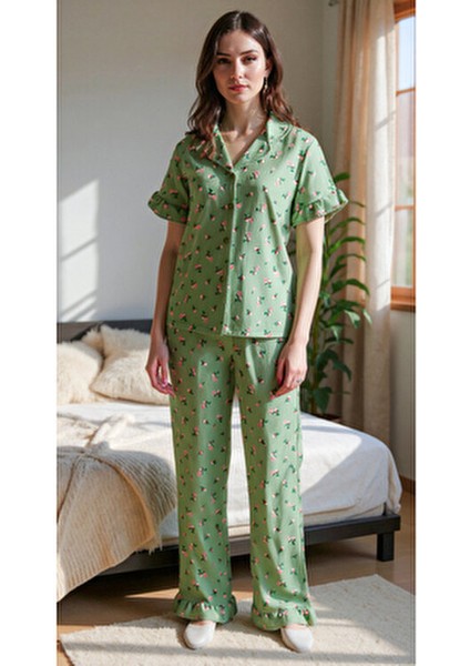 Kadın Floral Desenli Yeşil Yaz Pijama Takımı Rahat Kesim ile Loungewear indirimleri