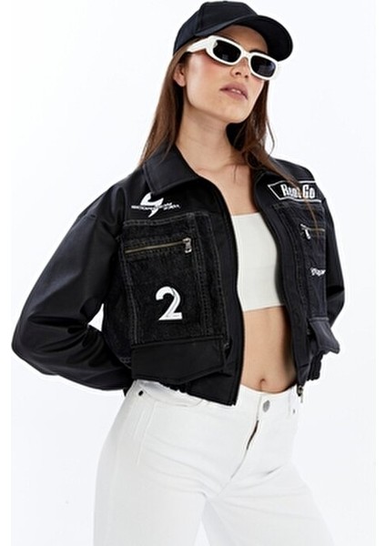 Kadın Oversize Kot Ceket Kolları Deri Garnili Motorcu Montu Baskılı Yarışçı Kolej Bomber Ceket