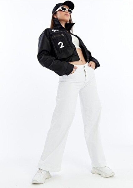 Kadın Oversize Kot Ceket Kolları Deri Garnili Motorcu Montu Baskılı Yarışçı Kolej Bomber Ceket fiyatları