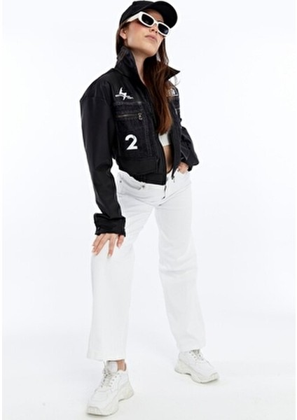 Kadın Oversize Kot Ceket Kolları Deri Garnili Motorcu Montu Baskılı Yarışçı Kolej Bomber Ceket modelleri