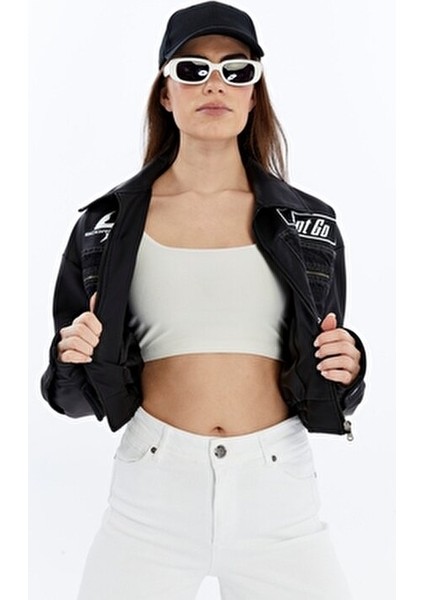 Kadın Oversize Kot Ceket Kolları Deri Garnili Motorcu Montu Baskılı Yarışçı Kolej Bomber Ceket fırsatları