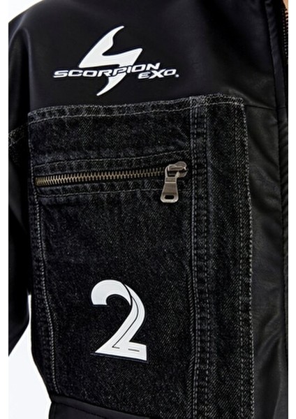 Kadın Oversize Kot Ceket Kolları Deri Garnili Motorcu Montu Baskılı Yarışçı Kolej Bomber Ceket indirimleri