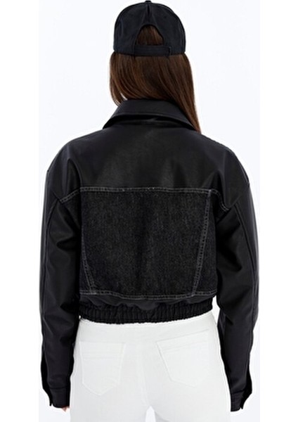 Kadın Oversize Kot Ceket Kolları Deri Garnili Motorcu Montu Baskılı Yarışçı Kolej Bomber Ceket