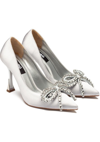 Saten Deri Taşlı Bağcık Yüksek Platform Topuk Detaylı Kadın Abiye Ayakkabı 500