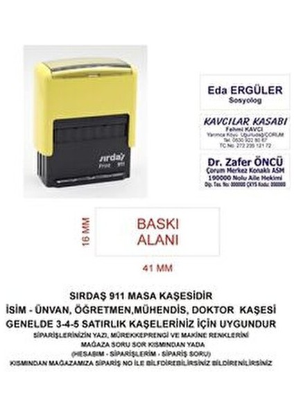 911 İsim Ünvan Kaşesi Sarı Renk 41 mm Baskı Alanı ile 16 mm Yükseklik