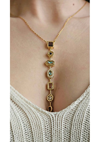 Renkli Taş Modeli Çelik Y Kolye – Y Şekilli, Renkli Taşlı