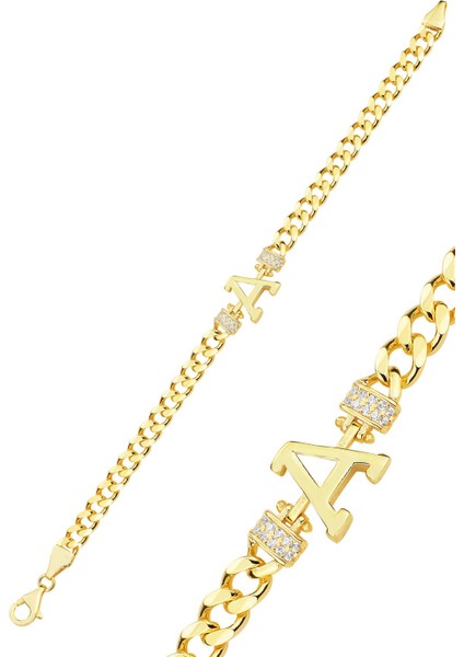 Gümüş Altın Yaldızlı Zirkon Taşlı Üç Boyutlu Gurmet Zincirli Harf Bileklik SGTL12300