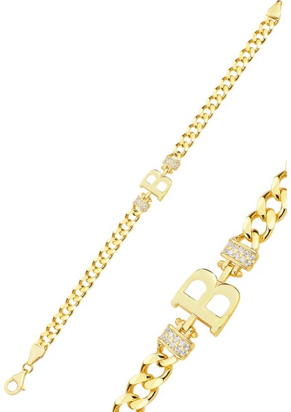 Gümüş Altın Yaldızlı Zirkon Taşlı Üç Boyutlu Gurmet Zincirli Harf Bileklik SGTL12300 fiyatları