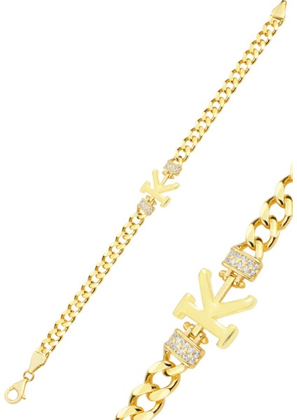 Gümüş Altın Yaldızlı Zirkon Taşlı Üç Boyutlu Gurmet Zincirli Harf Bileklik SGTL12300 fırsatları