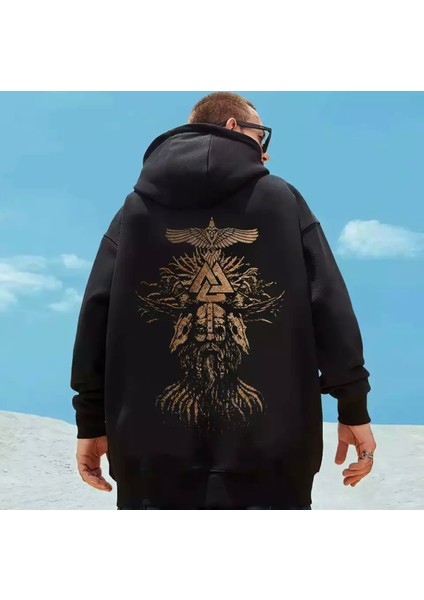 Punıx Büyük Beden Bıg Sıze Vıkıng Valhalla Sırt Baskılı Yüksek Kalite Tam Kışlık Erkek Sweatshırt