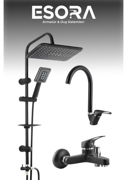 Siyah Robot Tepe Yağmurlama Banyo-Lavobo Musluğu Çeşmesi 3'lü Set