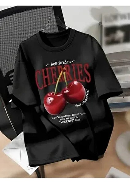 Unisex Erkek/kadın Cherrıes Özel Baskılı Oversize Pamuklu Bisiklet Yaka T-Shirt