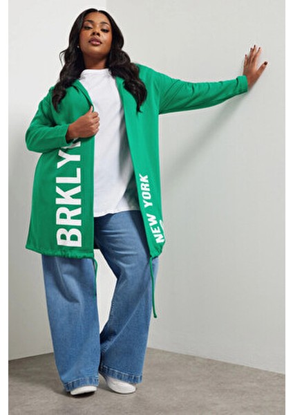 Büyük Beden Kapüşonlu Uzun Kollu Yazı Baskılı Cepsiz Hırka 303984