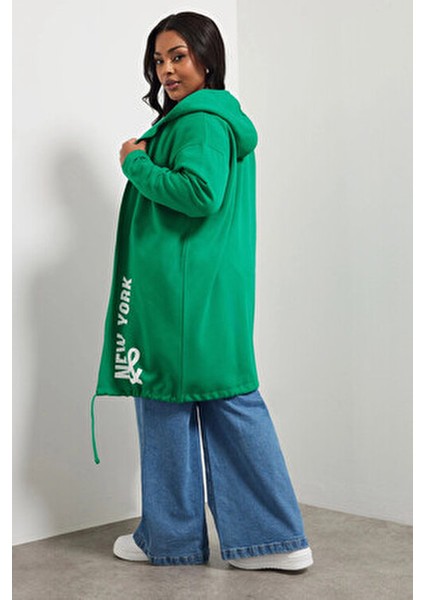 Büyük Beden Kapüşonlu Uzun Kollu Yazı Baskılı Cepsiz Hırka 303984 indirimleri