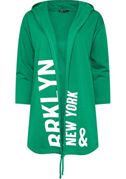 Büyük Beden Kapüşonlu Uzun Kollu Yazı Baskılı Cepsiz Hırka 303984