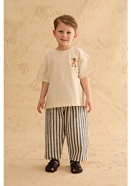 Erkek Oversize Keten Gömlek Bisiklet Yaka Doğal Renk Kısa Kol