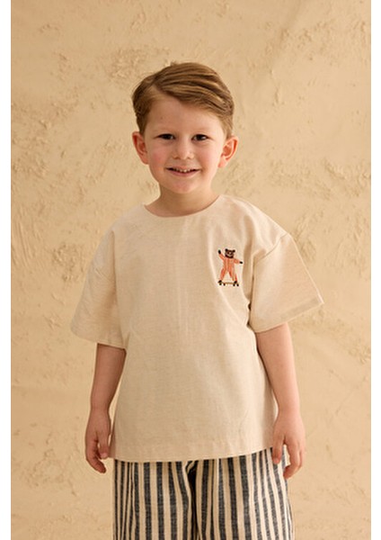 Erkek Oversize Keten Gömlek Bisiklet Yaka Doğal Renk Kısa Kol fiyatları